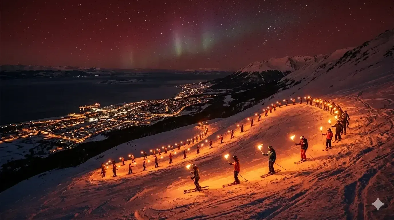 Bajada de antorchas nocturna en Ushuaia con aurora austral y el Canal Beagle al fondo