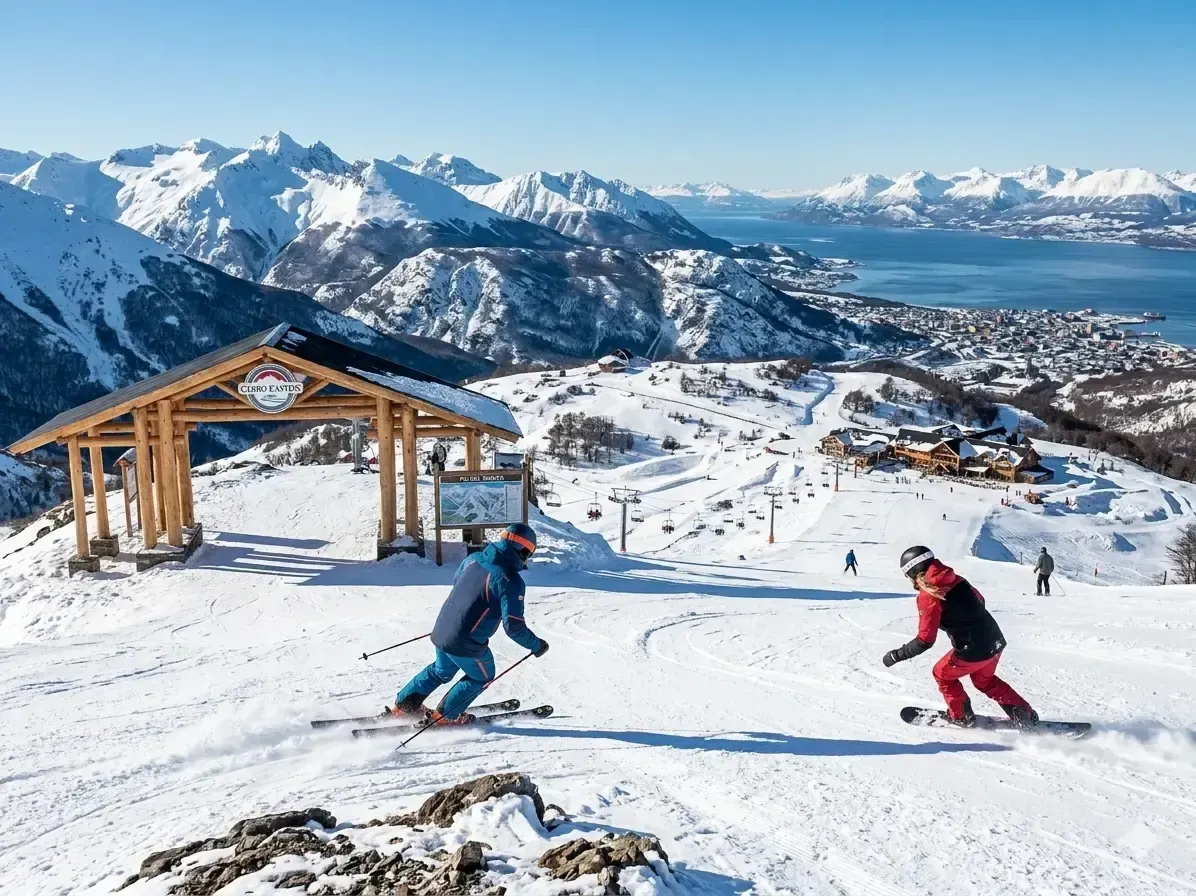Esquiadores en las pistas del Cerro Castor con el Canal Beagle y Ushuaia al fondo