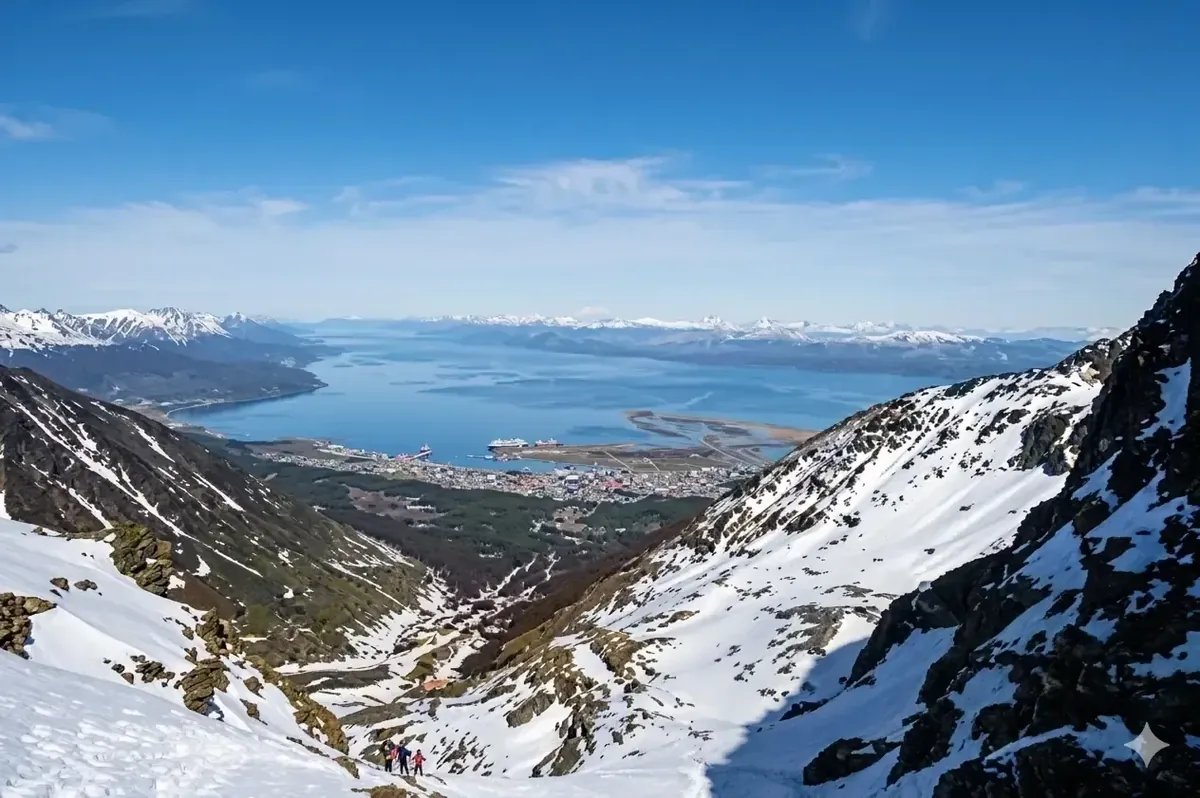 Vista panorámica de Ushuaia y el Canal Beagle desde el Glaciar Martial con ladera nevada en primer plano
