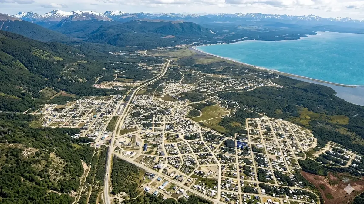 Vista aérea de Tolhuin a orillas del Lago Fagnano, corazón de Tierra del Fuego